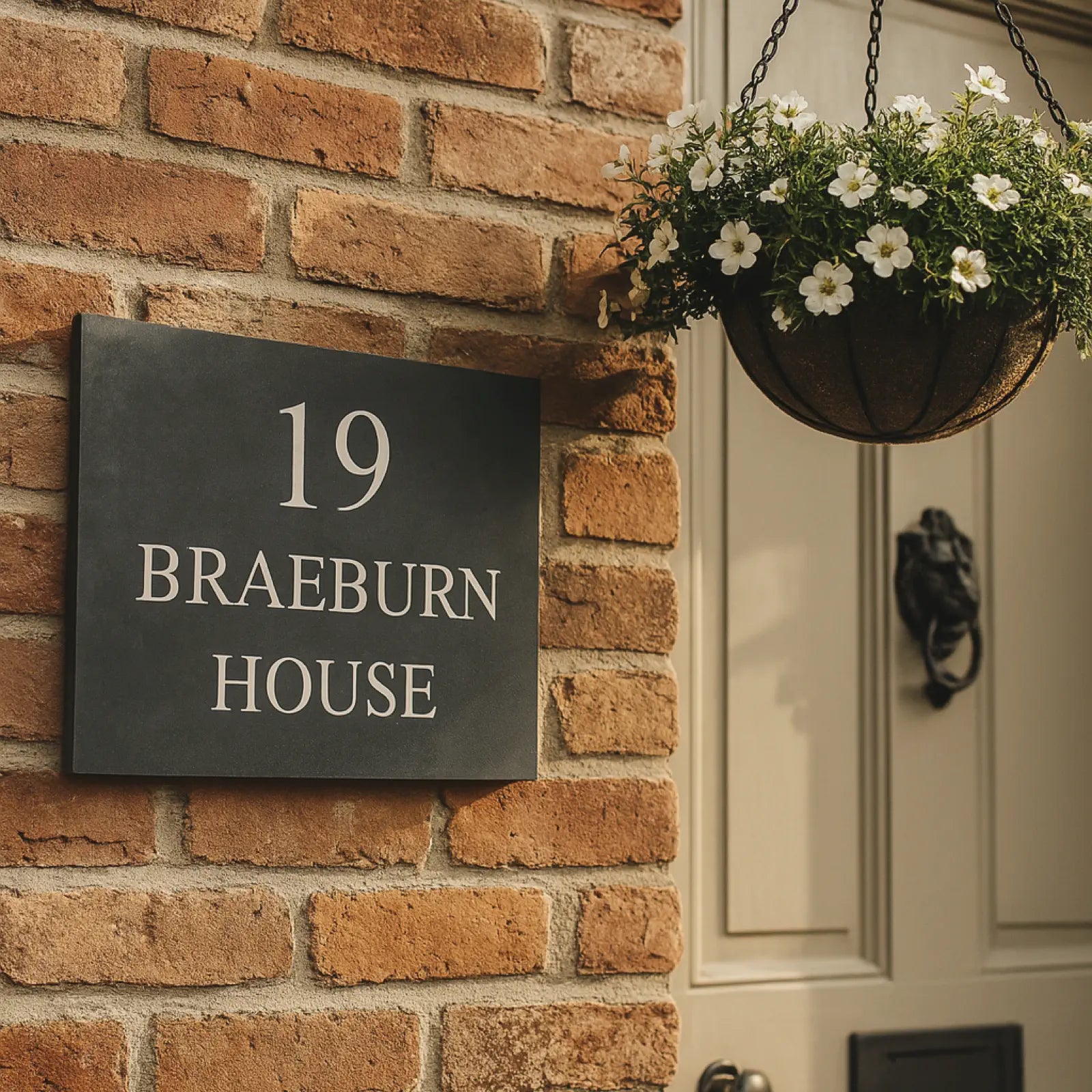 House number sign '19 Braeburn House' on a brick wall with a flower basket above.