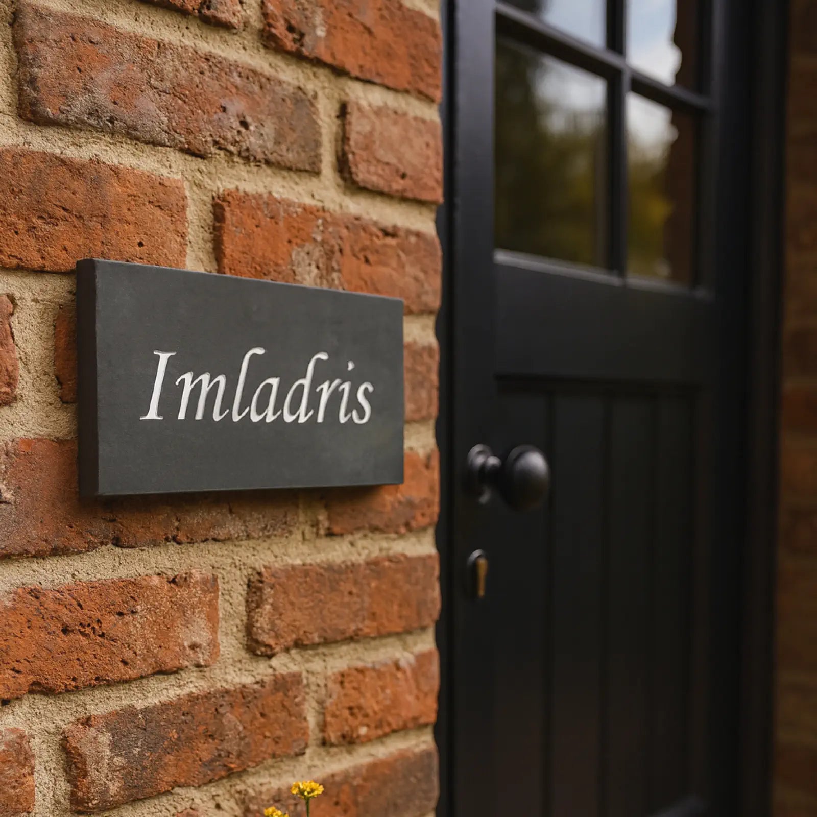 Black sign with 'Imladris' on a brick wall next to a door