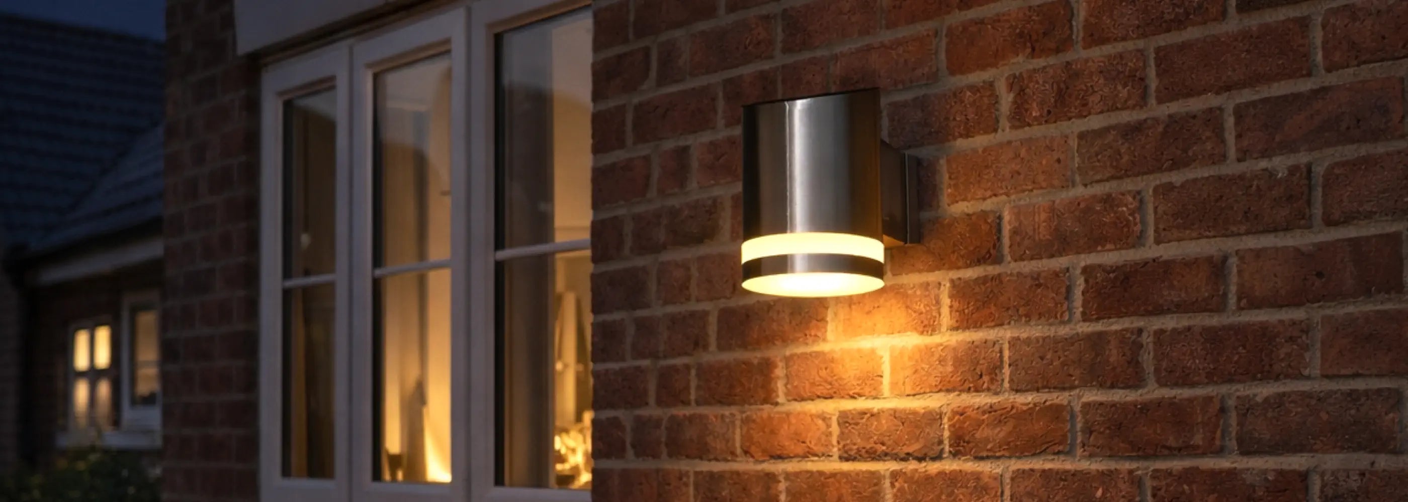 Outdoor wall light fixture on a brick wall with a house in the background