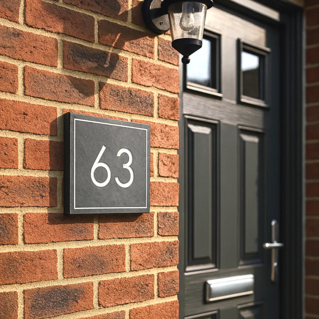 House number '63' on a brick wall next to a door