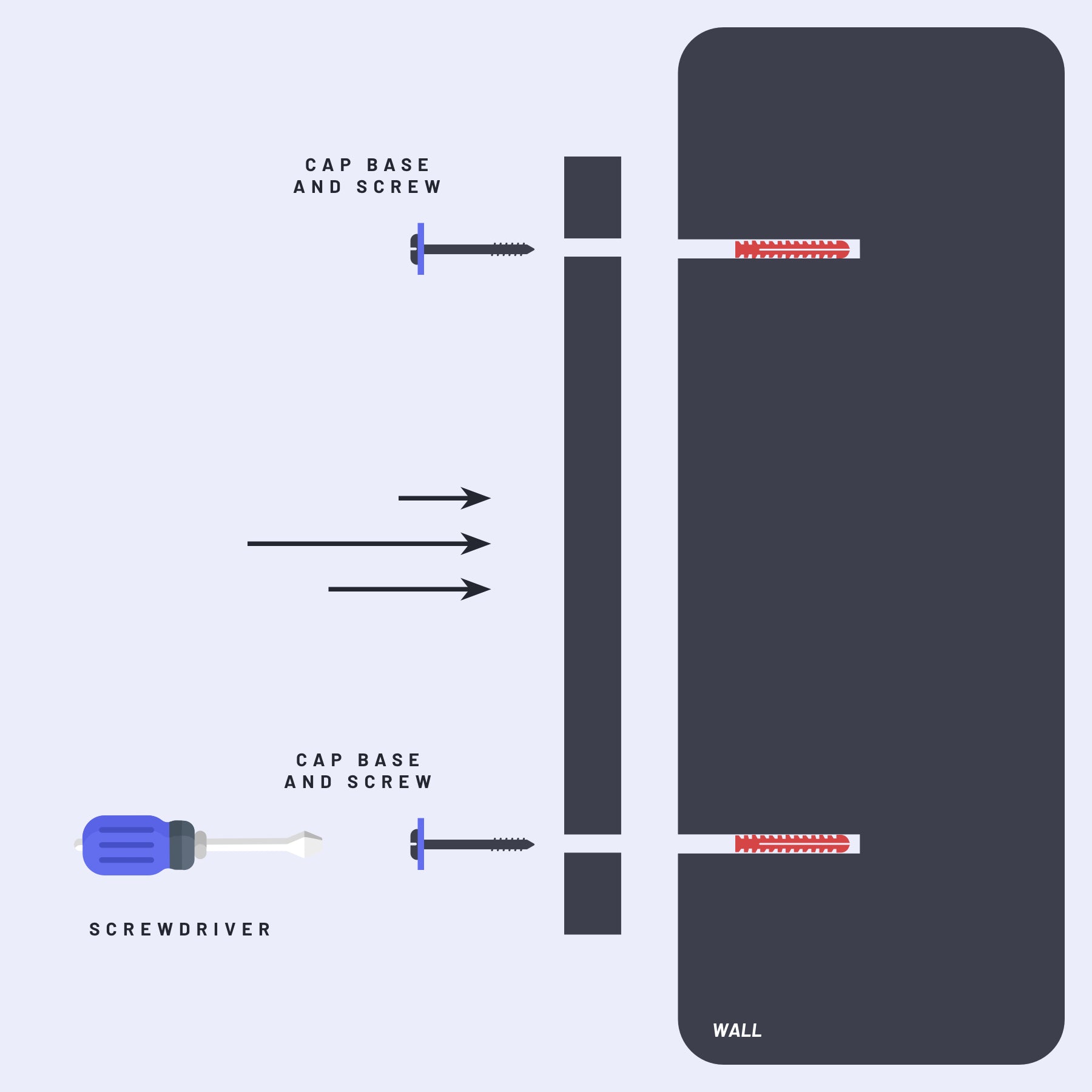 Illustration showing the steps to install a standoff fixing: first, a hand places a screw through a hole in the panel into the standoff base, then the standoff cap is tightened to secure the panel in place.