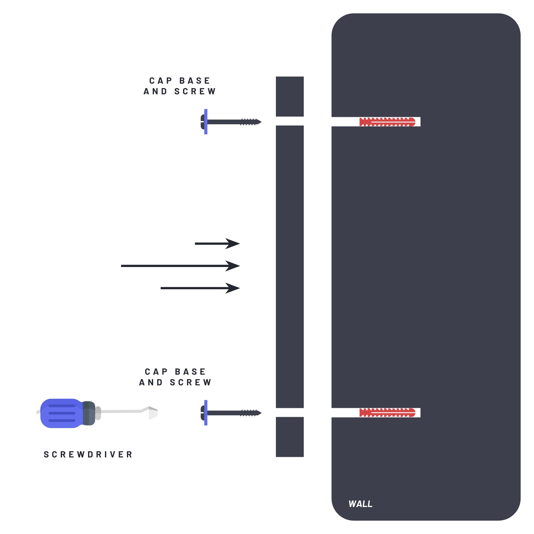 Illustration showing the steps to install a standoff fixing: first, a hand places a screw through a hole in the panel into the standoff base, then the standoff cap is tightened to secure the panel in place.