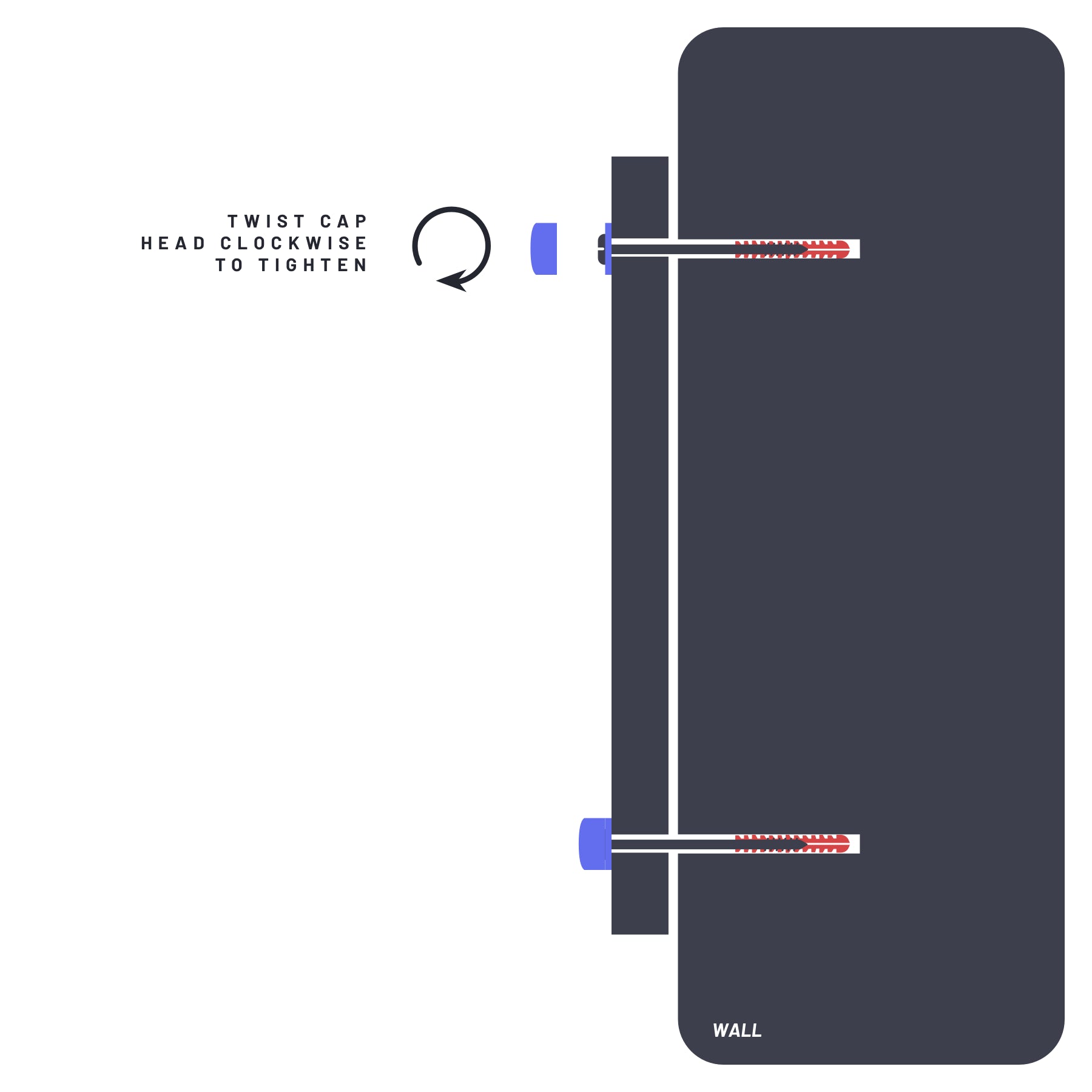 Step-by-step guide for mounting a standoff fixing: attaching a standoff base to the wall, securing it with a screw, placing a panel onto the base, and fastening it with a cap.