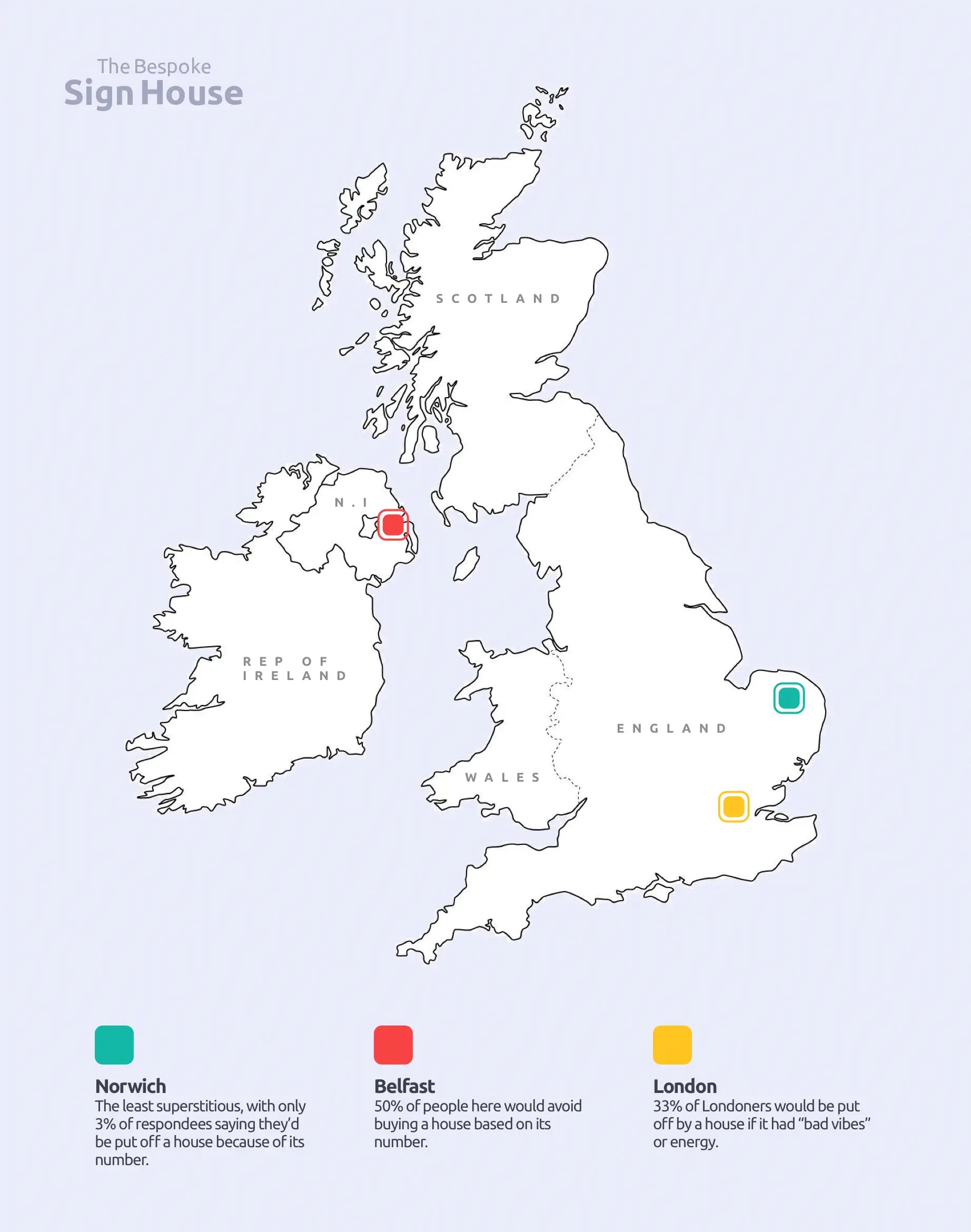 Map of the United Kingdom with three locations marked: Norwich, Belfast, and London.