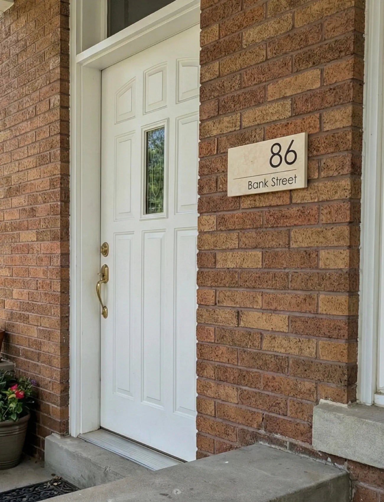 White door with gold handle on a brick wall, featuring a house number sign.