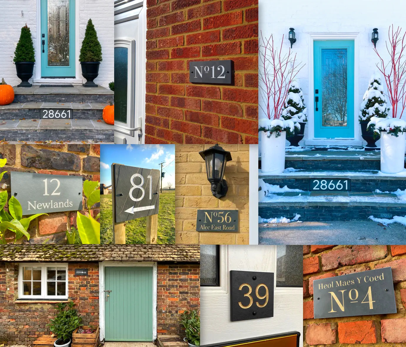 A collage of customer house signs pictures.