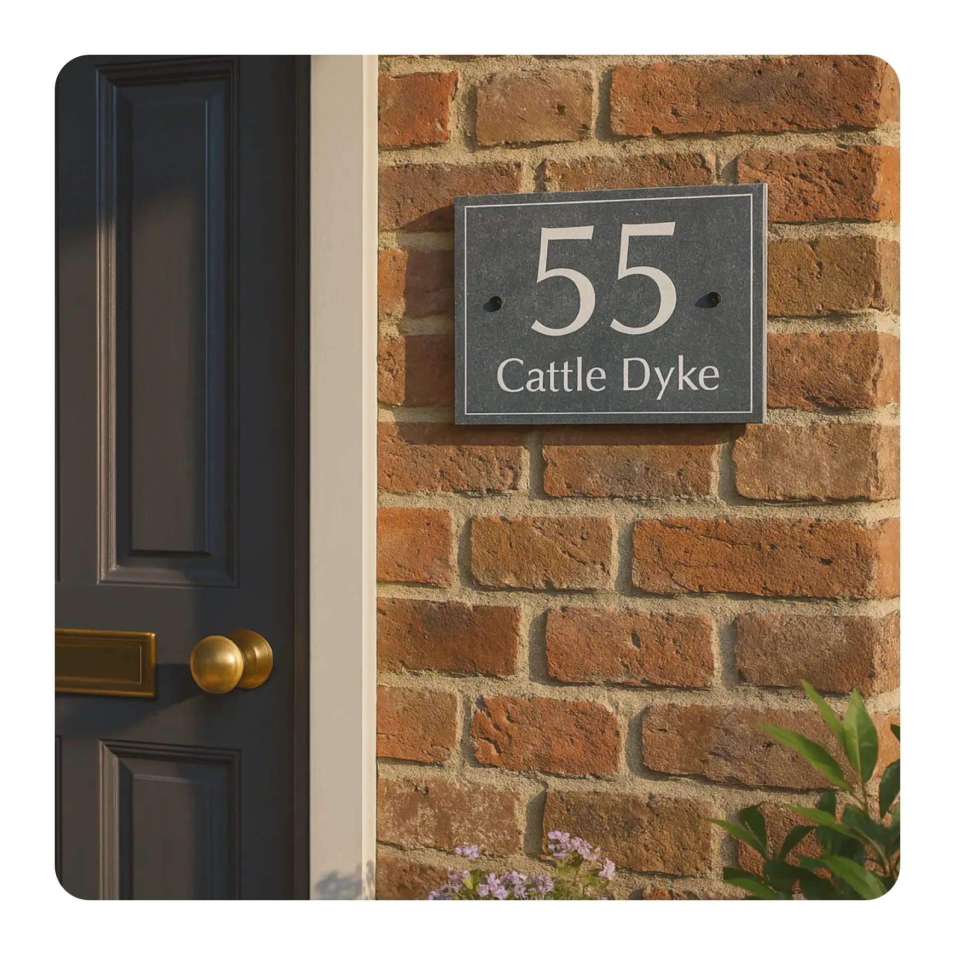 House number 55 Cattle Dyke on a brick wall next to a black door with a gold doorknob.