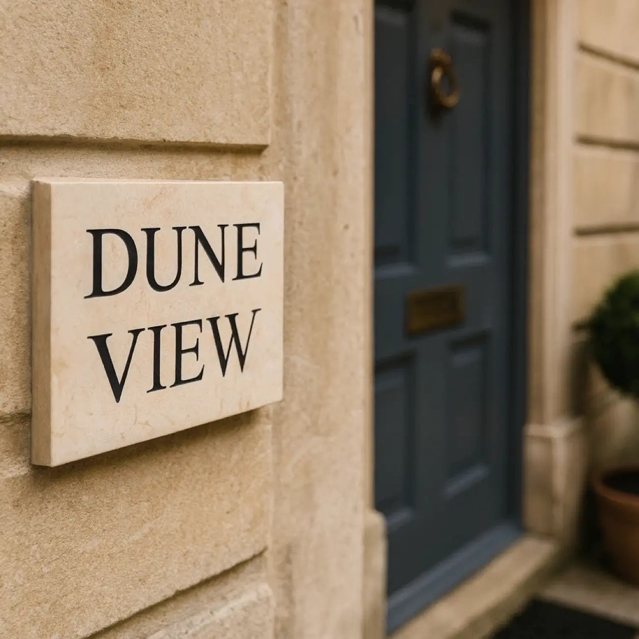golden white limestone sign with 'DUNE VIEW' text on a stone wall