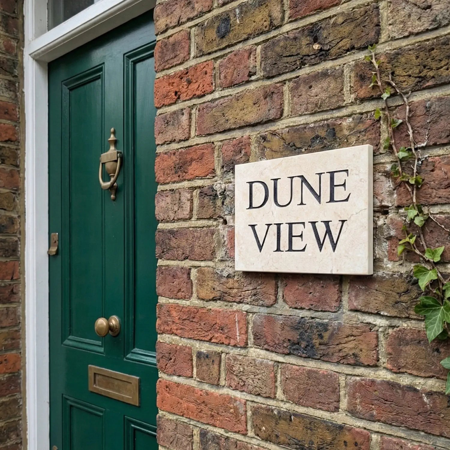 golden white limestone sign with 'DUNE VIEW' text on a stone wall
