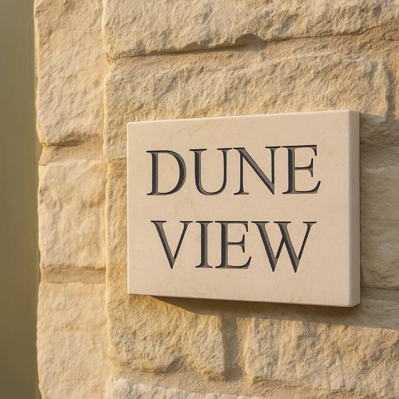 golden white limestone house sign reading DUNE VIEW