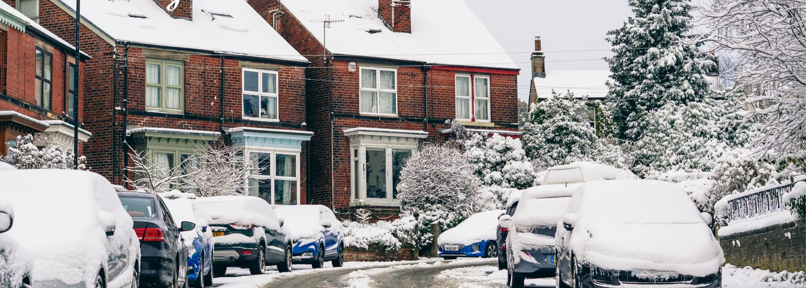 Snow-covered cars parked on a residential street with houses in the background