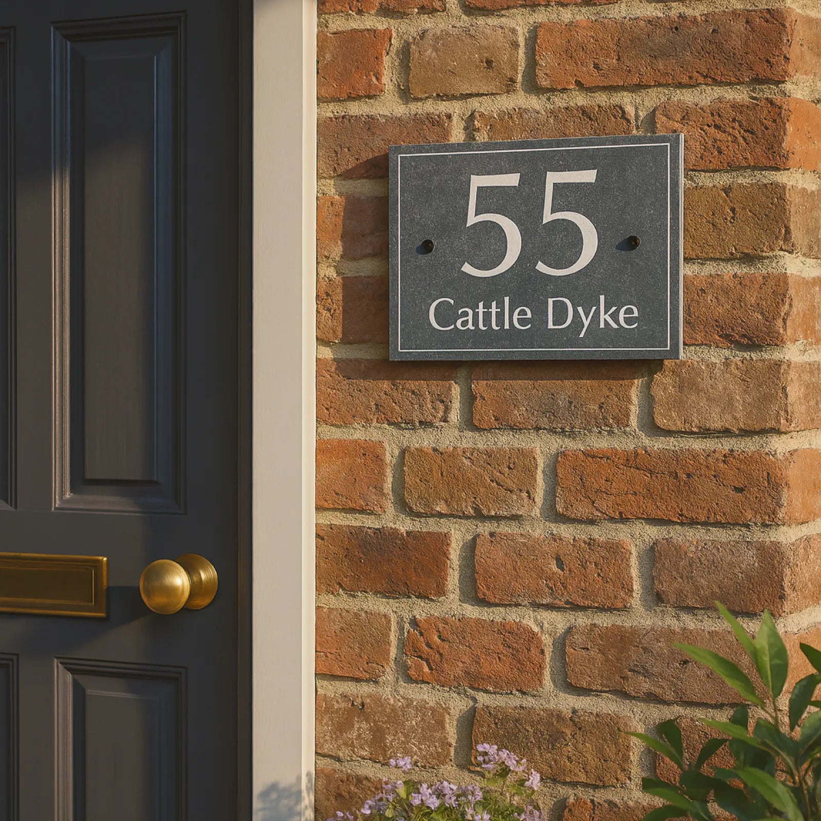 House number 55 Cattle Dyke on a brick wall next to a dark door with a gold handle.
