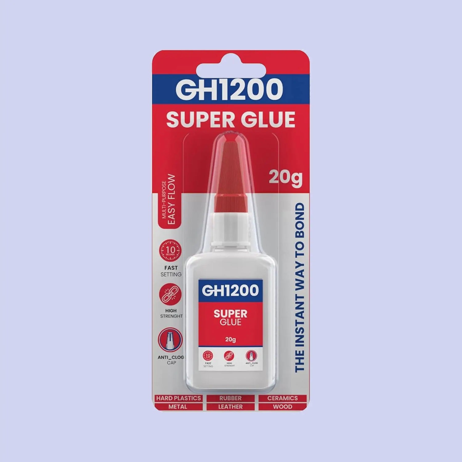 a pack of strong adhesive GH1200 glue on a grey background