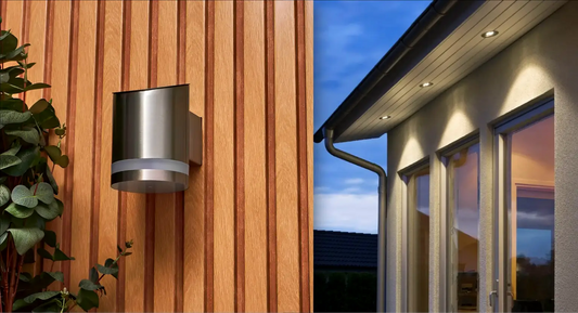 A composite image showing two examples of outdoor lighting: a solar-powered wall light on a wooden wall with a plant, and a modern house with recessed downlights illuminating its exterior at dusk.