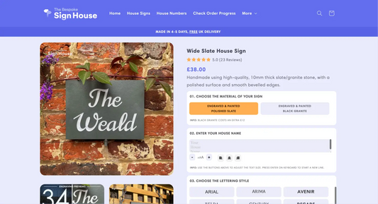 A screenshot of a webpage from "The Bespoke Sign House" displaying a product listing for a "Wide Slate House Sign" priced at £38.00. 