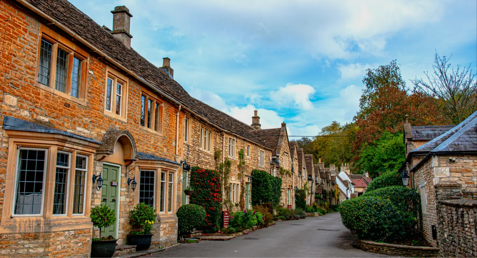 A picturesque street in an English village, featuring charming stone cottages with ivy and flower-adorned facades. The road is lined with greenery and the sky is bright with scattered clouds, giving a tranquil and inviting atmosphere.