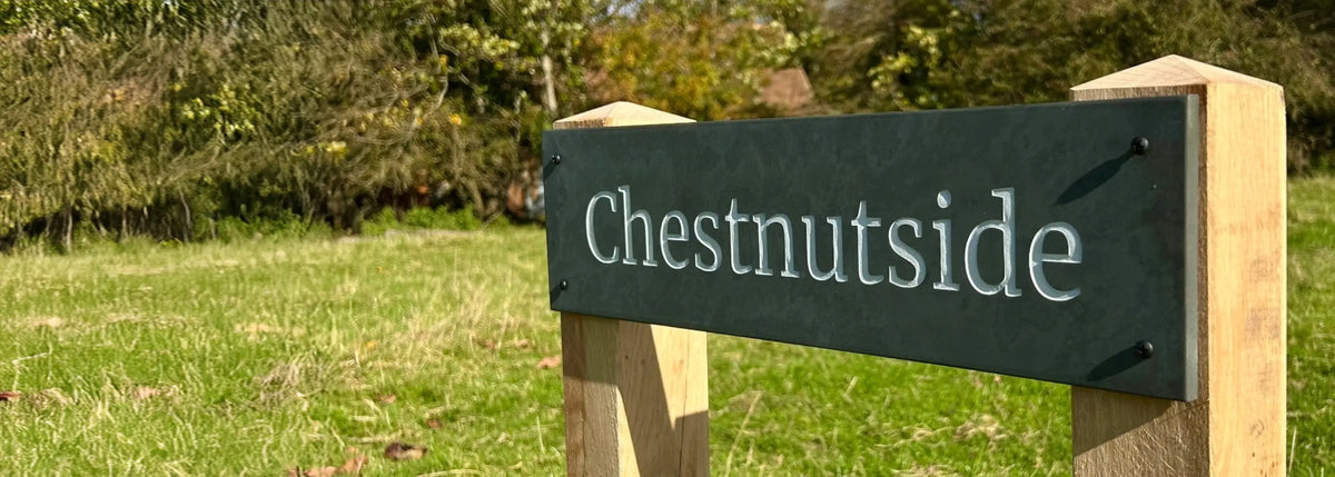 Wooden signpost with 'Chestnutside' on a grassy field