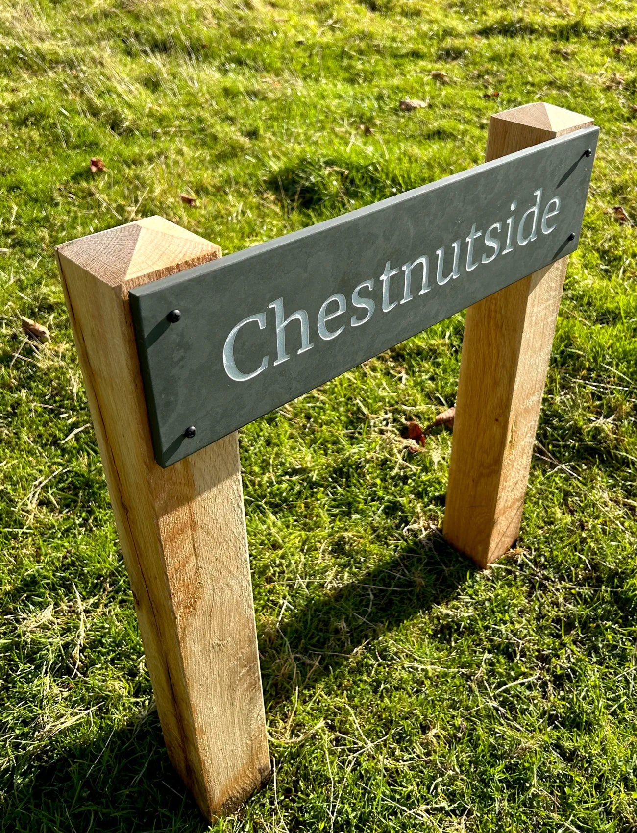 Wooden posted house sign with 'Chestnutside' on a grassy field