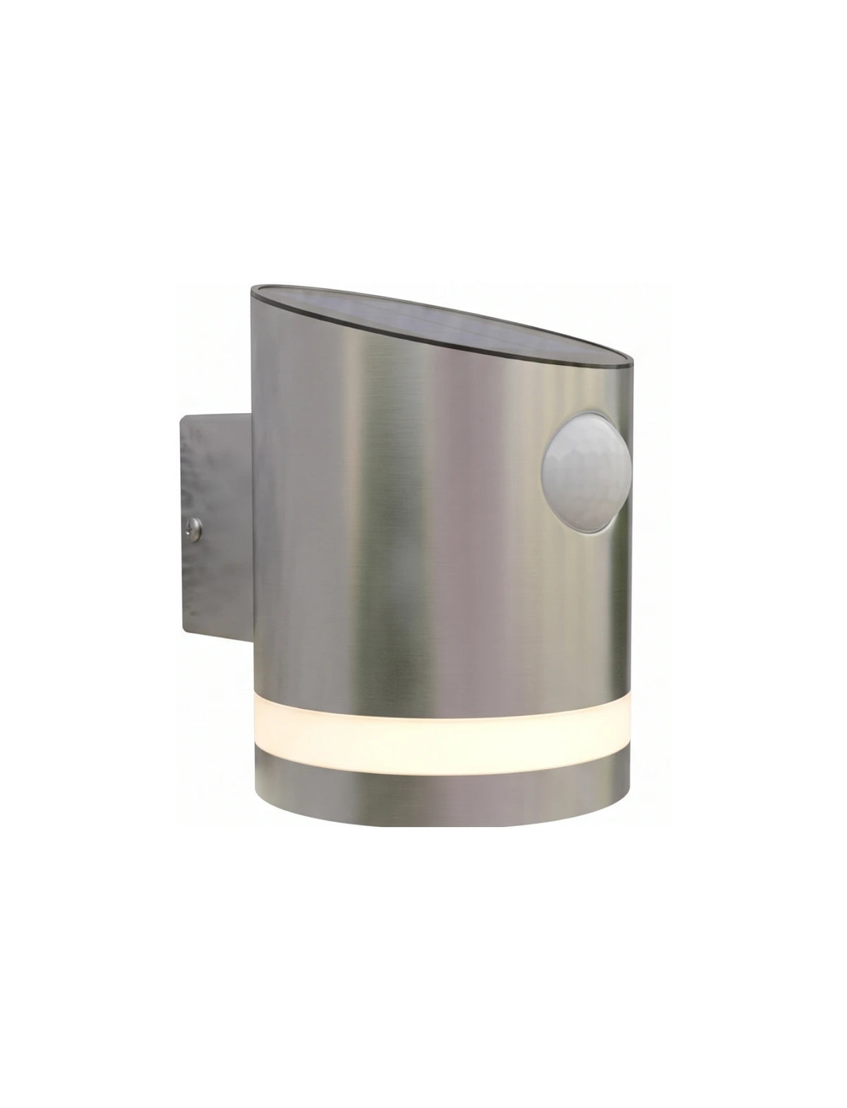 A solar powered sensor outdoor wall light mounted on a wall, with a visible solar panel on top and a sensor module.