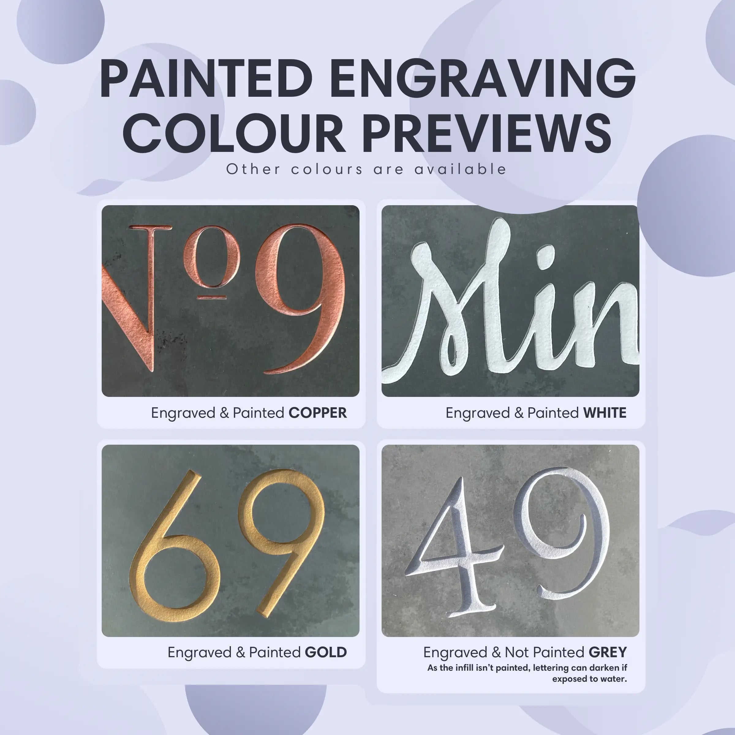 in real life previews of how our engraving paint colours look on slate and granite signs