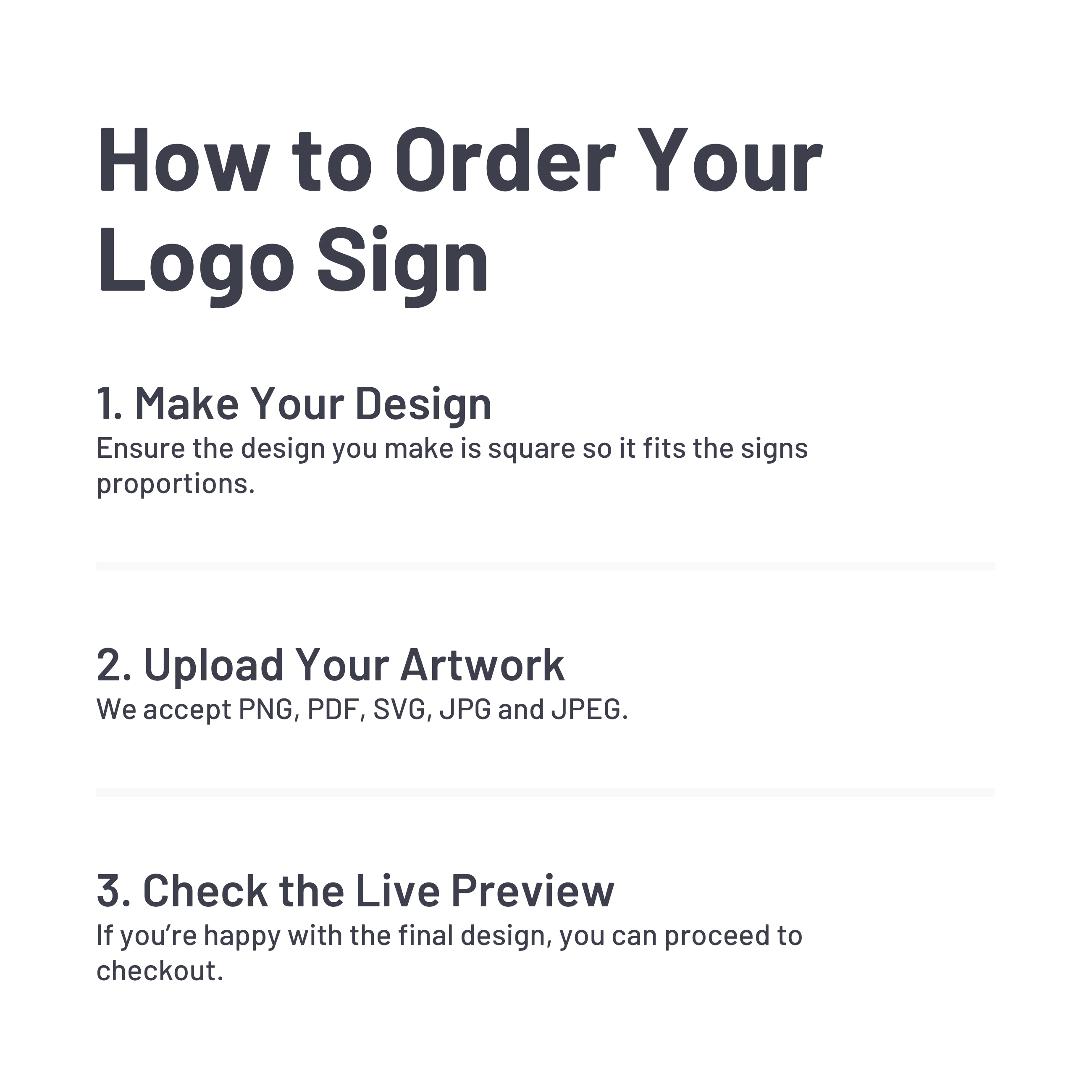 Instructions on how to order a logo sign with file format requirements on a light purple background.