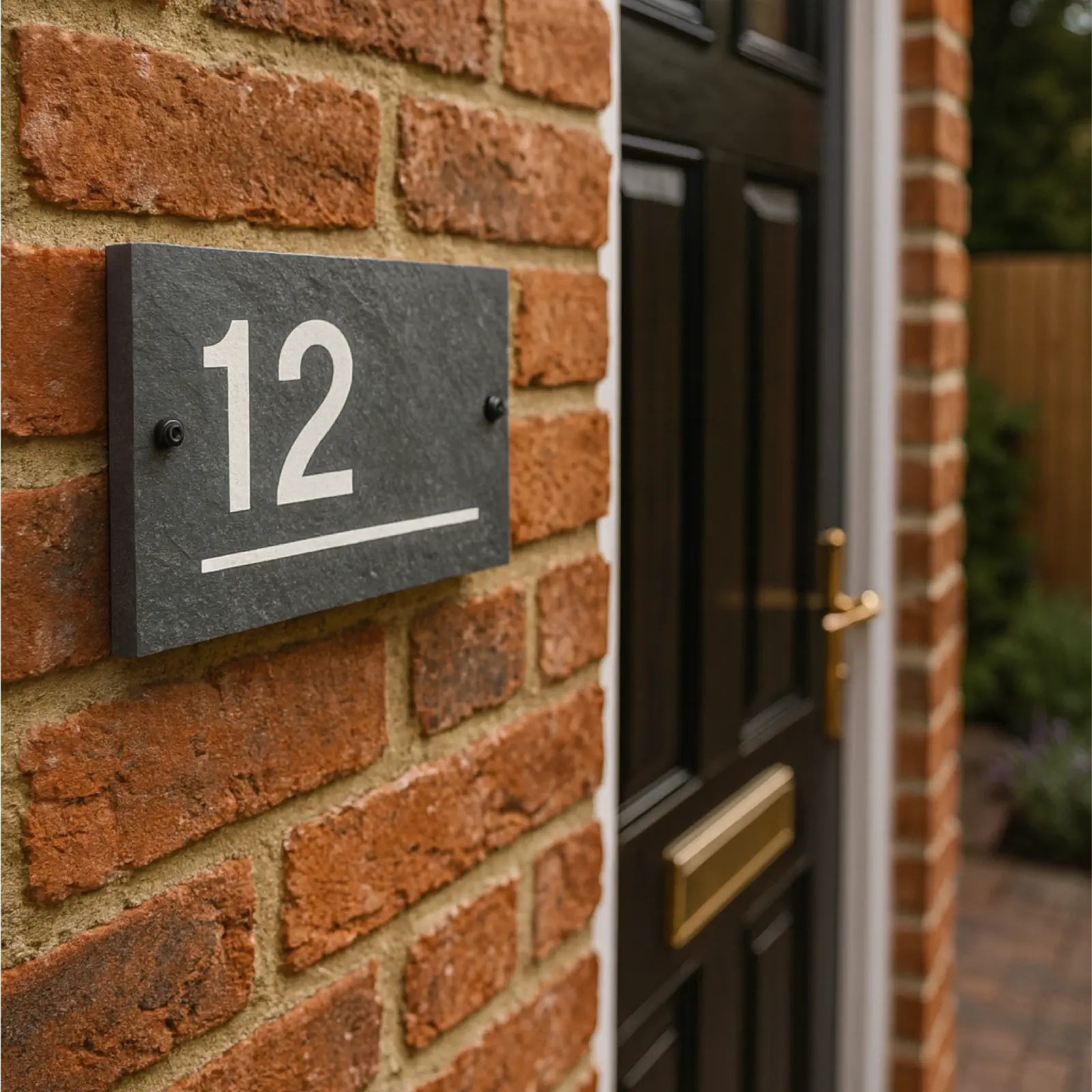 House number '12' on a dark slate plaque attached to a brick wall next to a door.