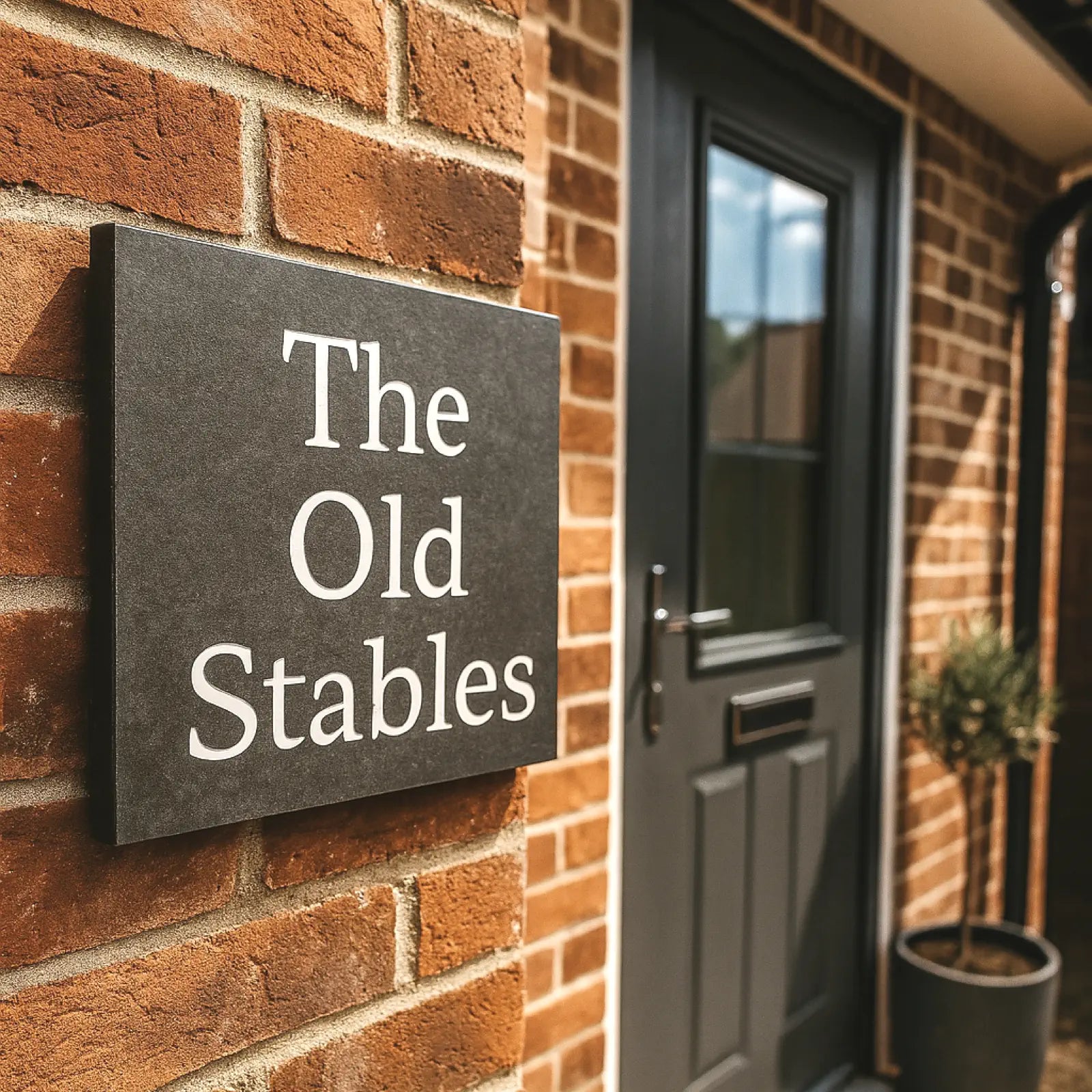A dark slate house sign with white lettering that reads “The Old Stables,” mounted on a rustic red brick wall.