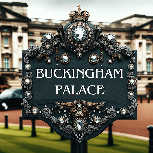 an ai generated image of a classy grey slate sign at the entrance of buckingham palace