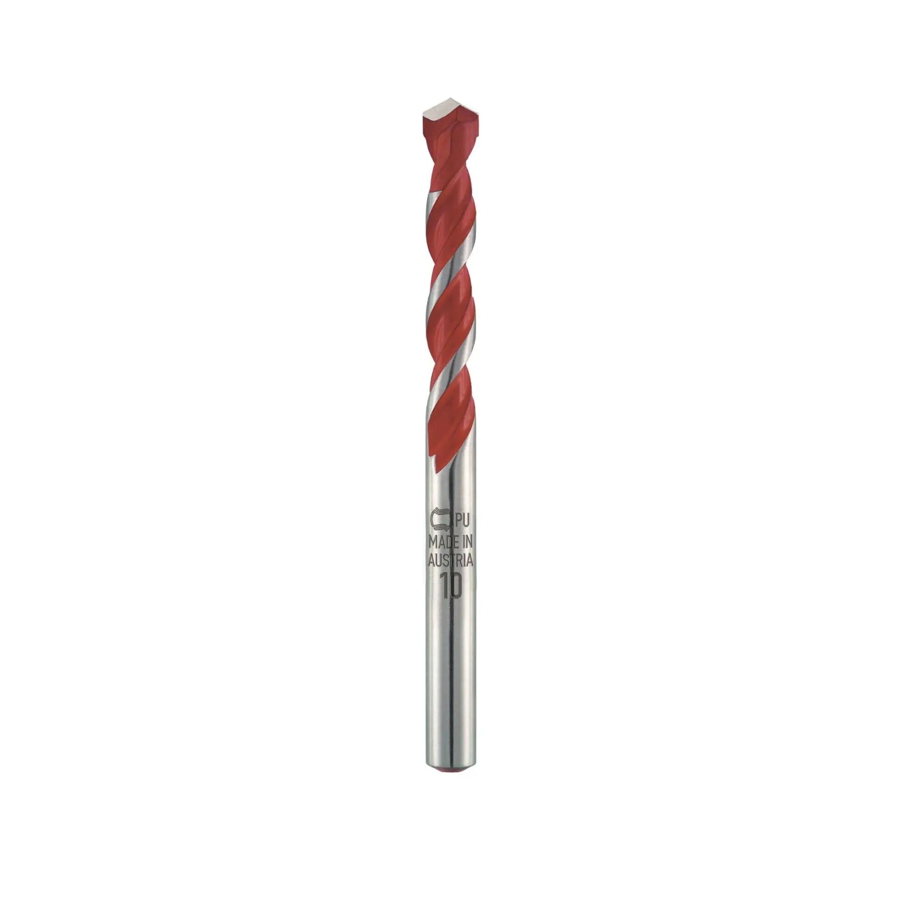 Red and silver drill bit on a white background