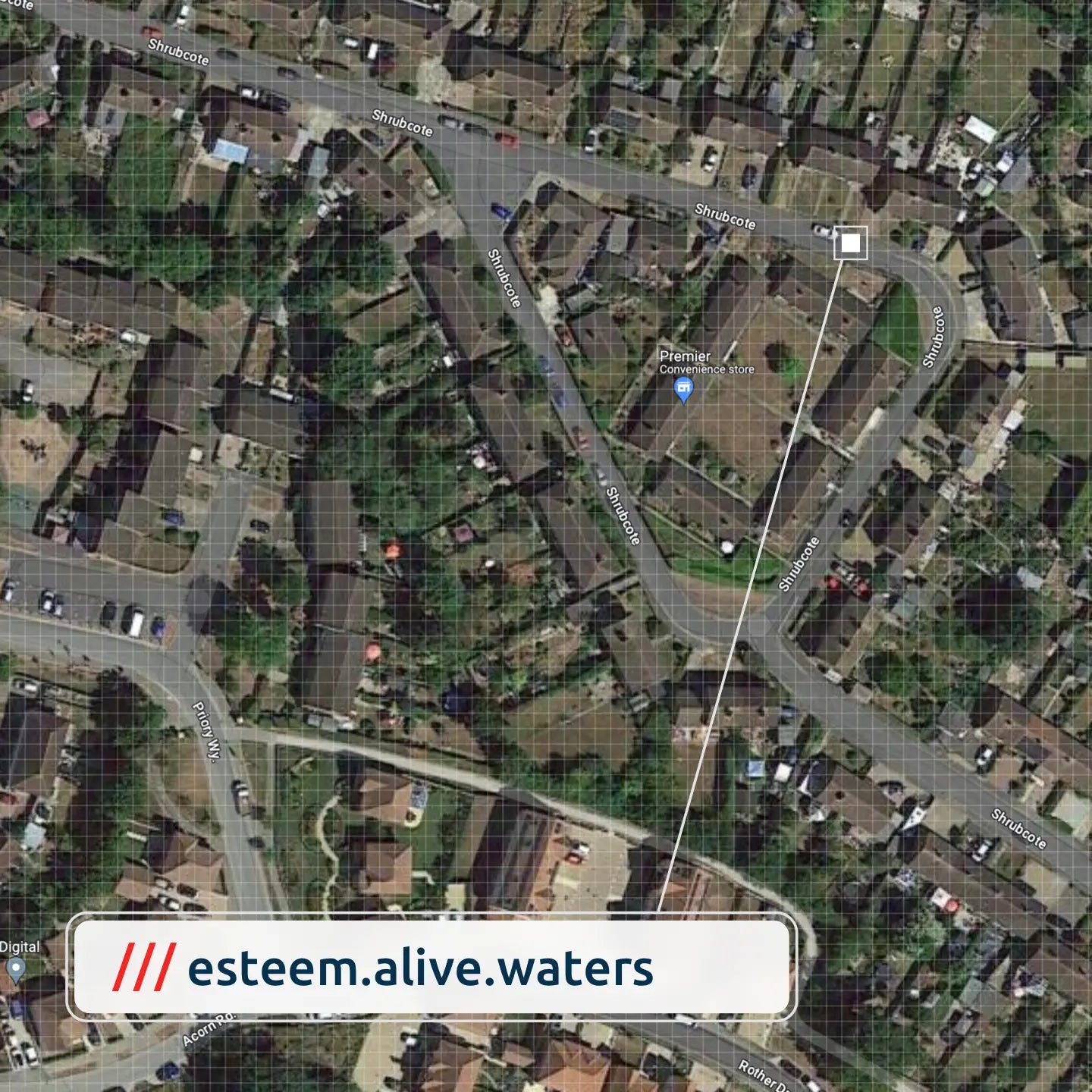 “Aerial map view showing a specific location marked with the what3words address ‘esteem.alive.waters’ highlighted on the map.”