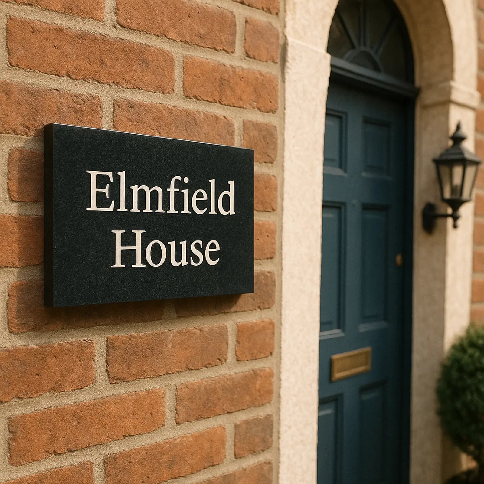 Black granite house sign reading 'Elmfield House' on a brick wall next to a blue door.