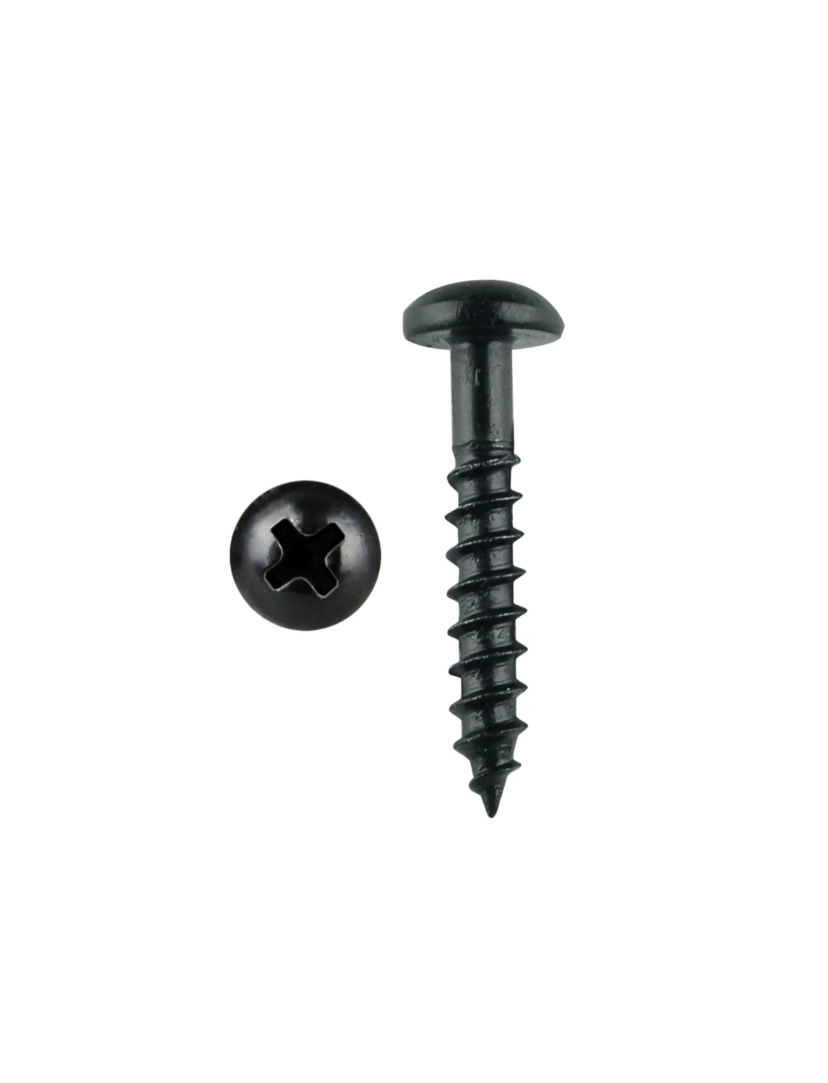 A single black wood screw shown from two angles on a plain white background, with one view showing the screw head and the other showing the threaded shaft.