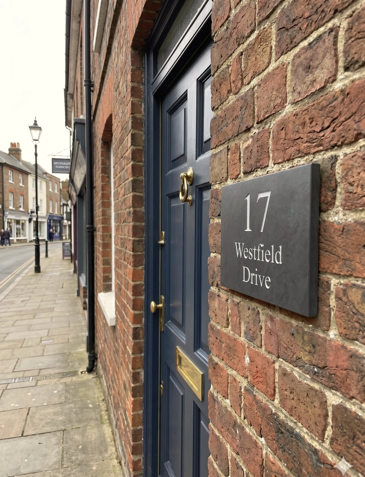 A dark blue front door with brass hardware mounted on a red brick wall, next to a black house number plaque reading '17 Westfield Drive'. A sidewalk and street with a lamp post are visible in the background.