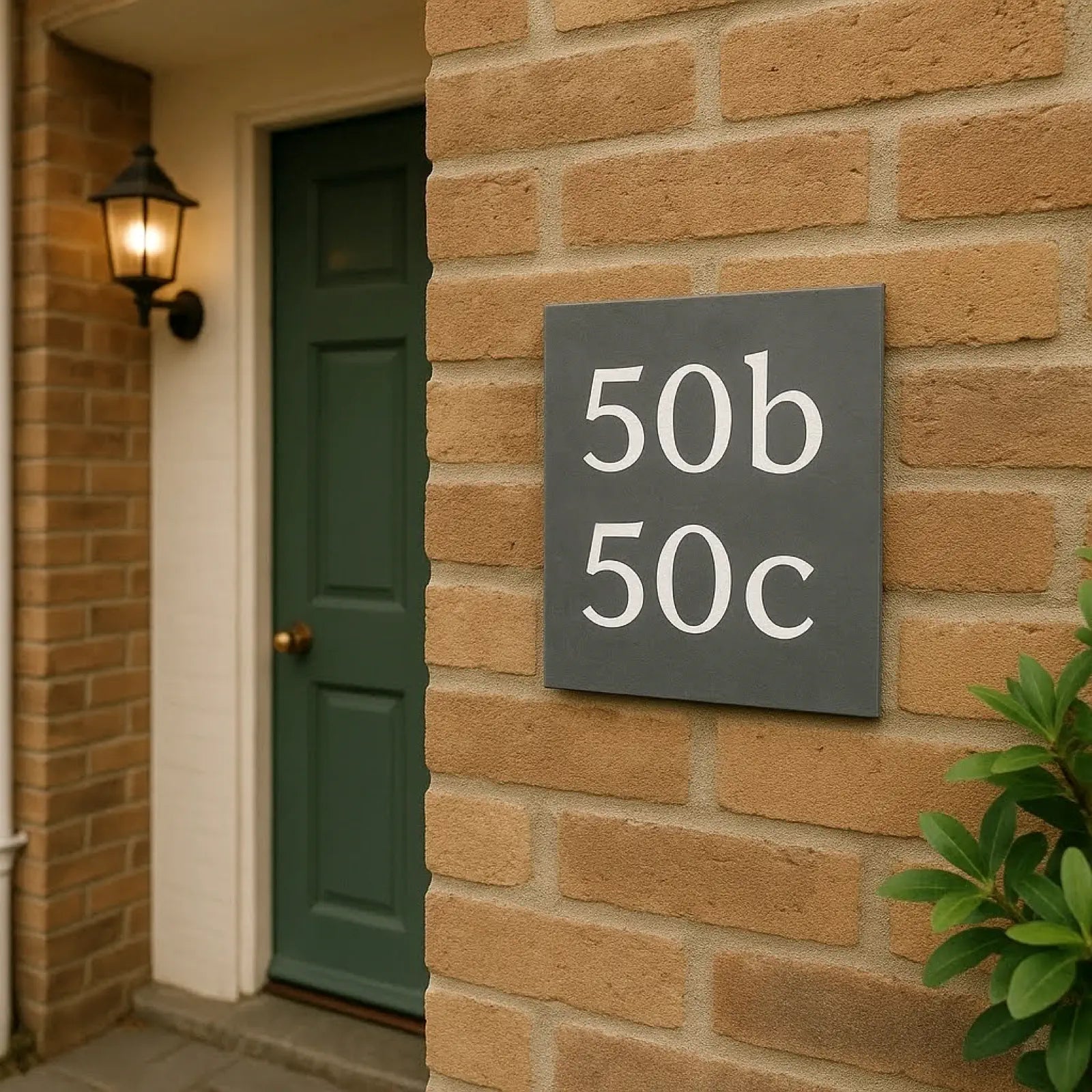 House number sign on a brick wall next to a green door