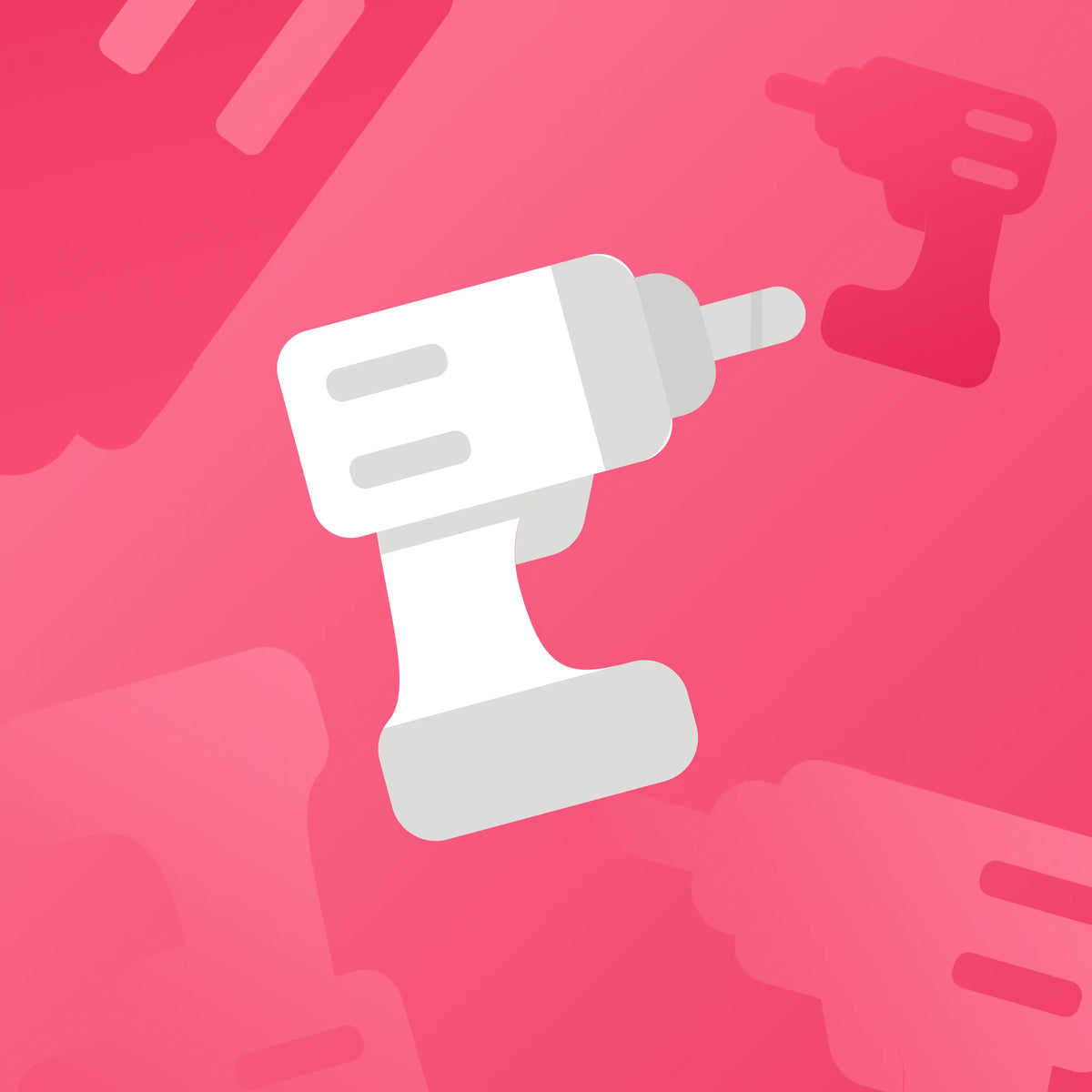 a pink gradient graphic with a white electric drill icon in the centre