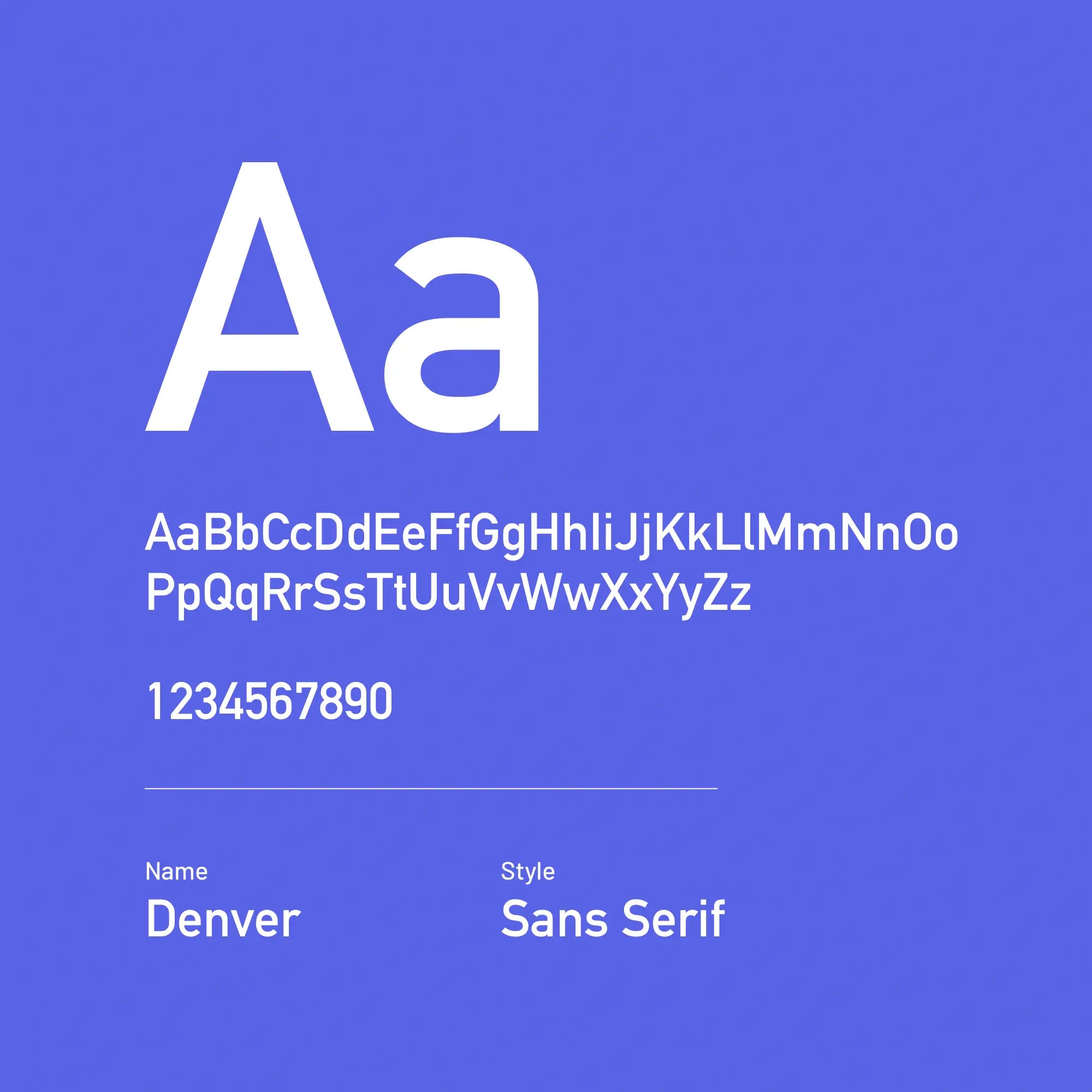 Display of the Denver sans serif font on a blue background with letters and numbers.