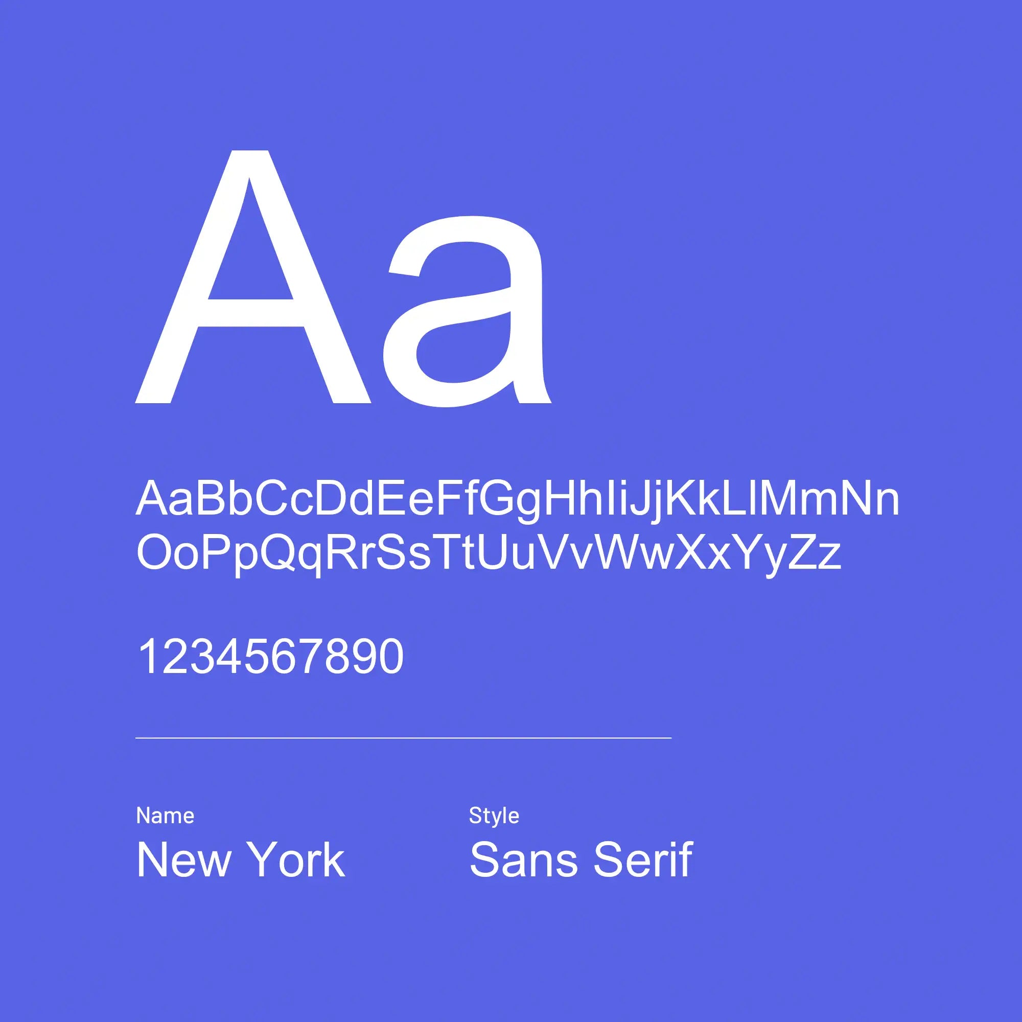 Display of the 'New York' sans-serif font on a blue background with letters and numbers.
