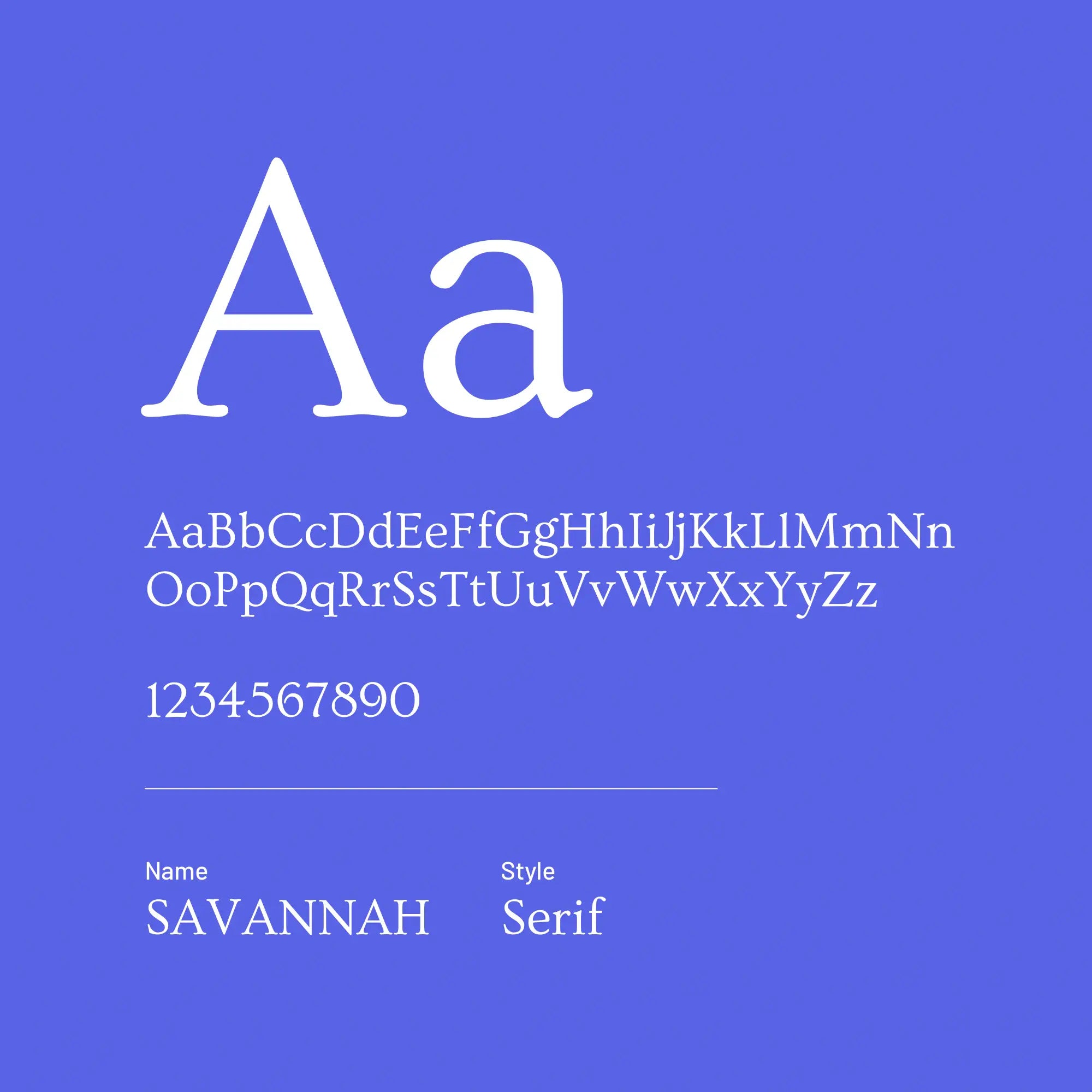 Display of the Savannah serif font on a blue background with letters, numbers, and the font name and style.
