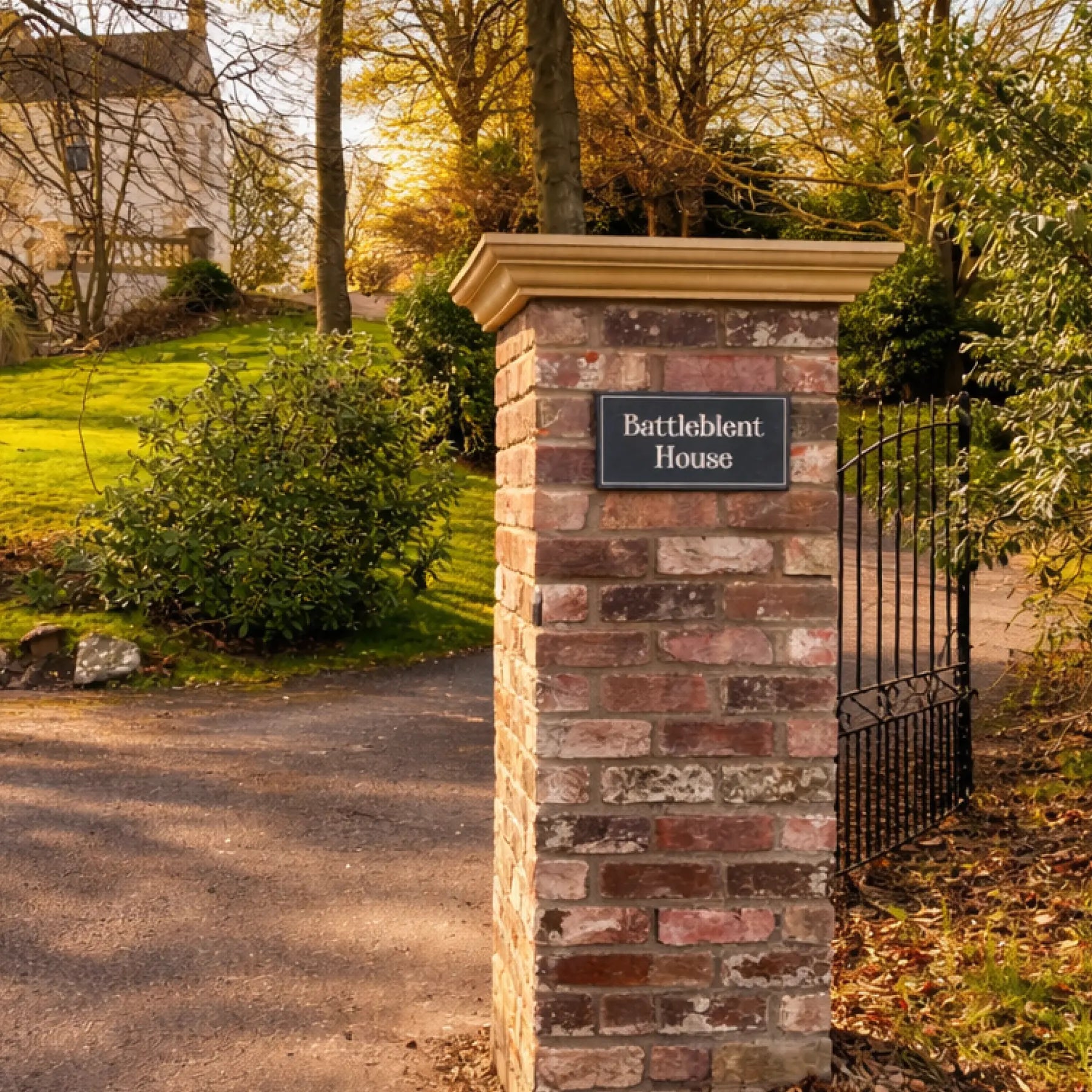 Brick pillar with 'Battleblent House' sign in a garden setting