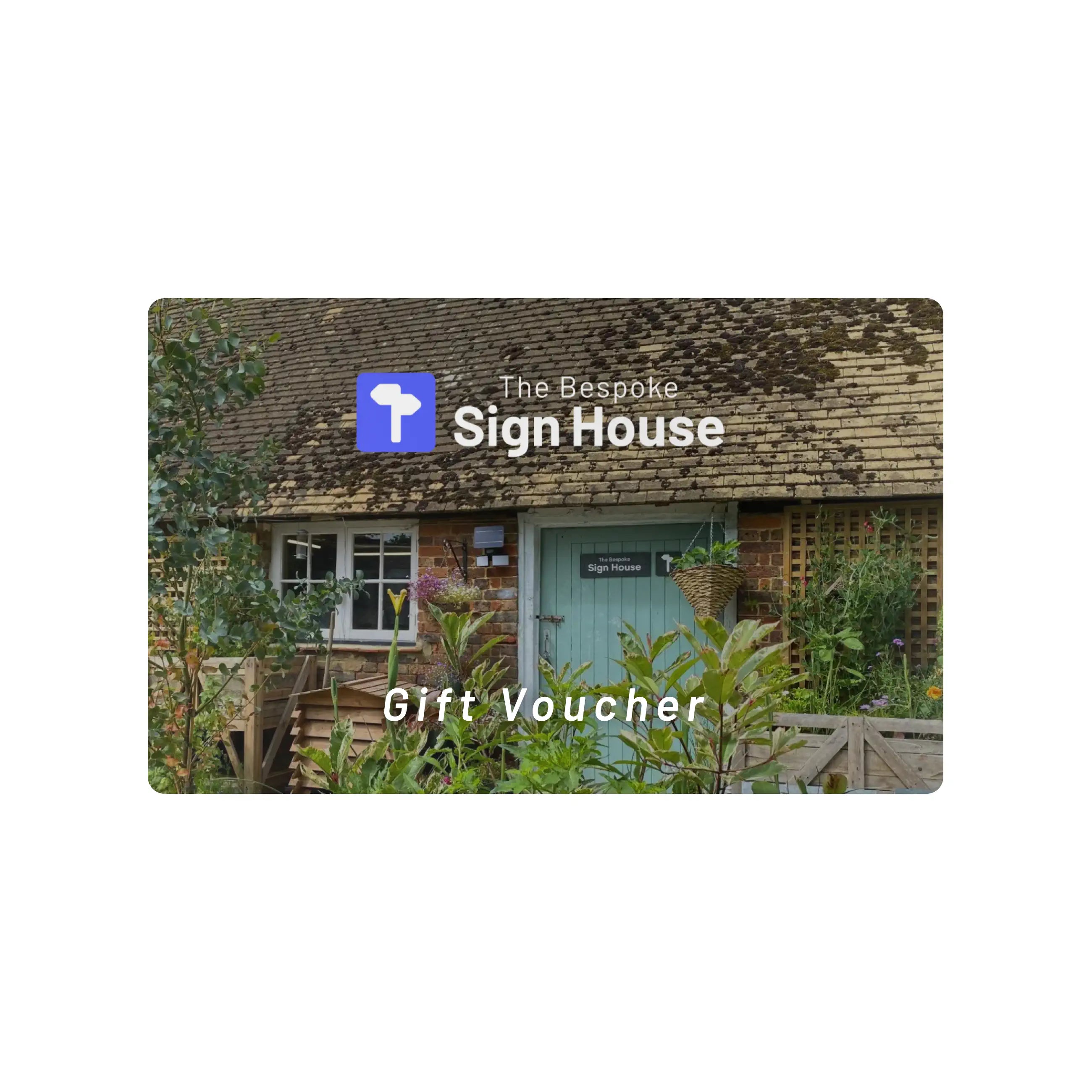 Gift voucher with 'The Bespoke Sign House' logo and a house image on a light blue background