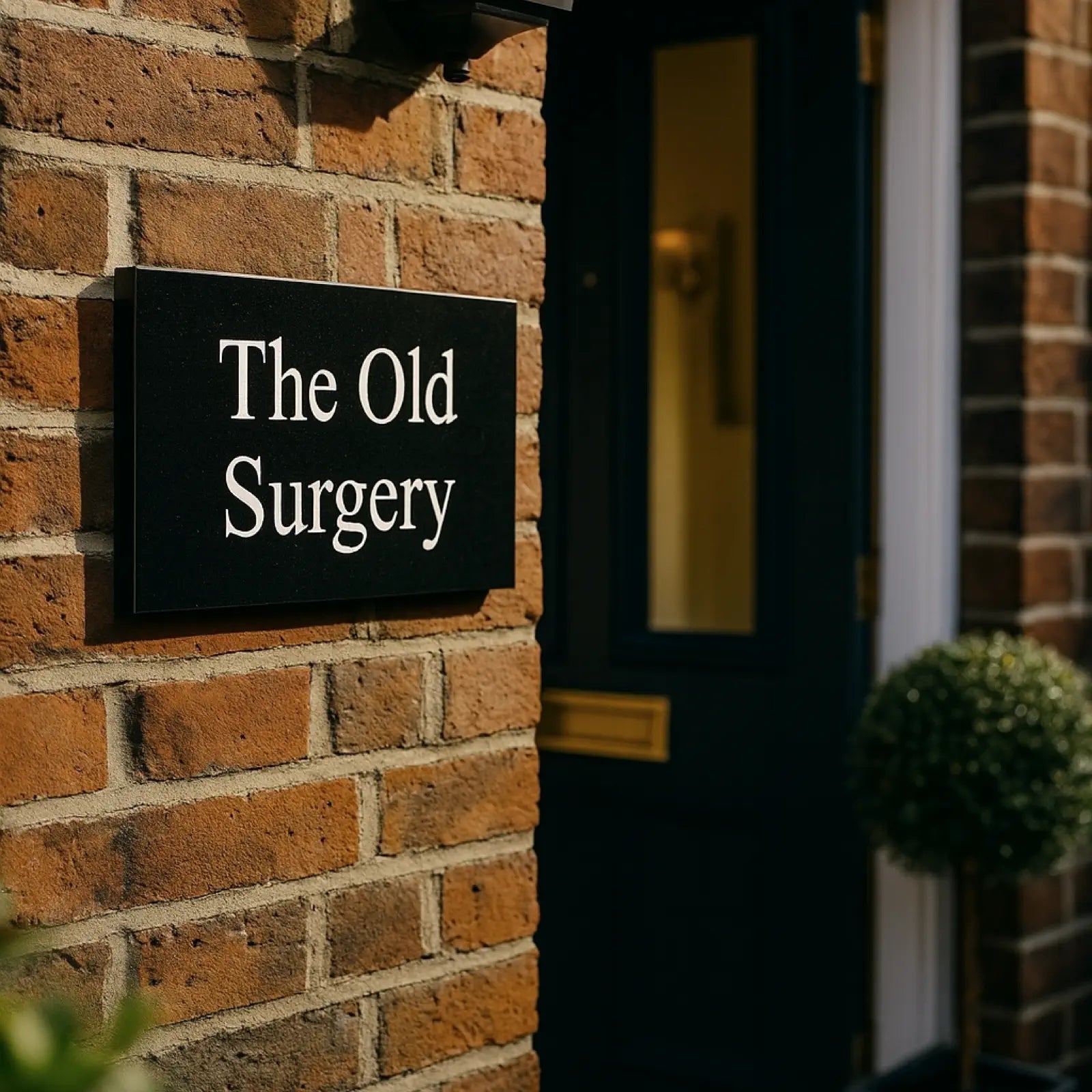 Black granite sign with 'The Old Surgery' on a brick wall next to a door.