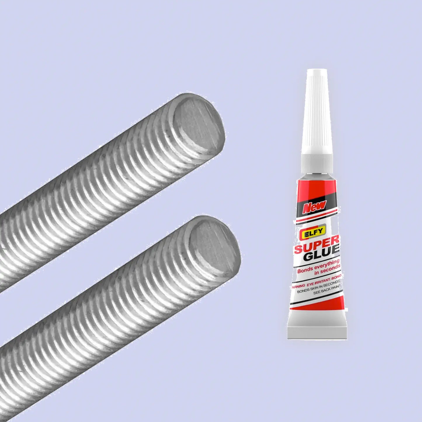 two threaded steel grey rods and one small super glue tubes on a grey background