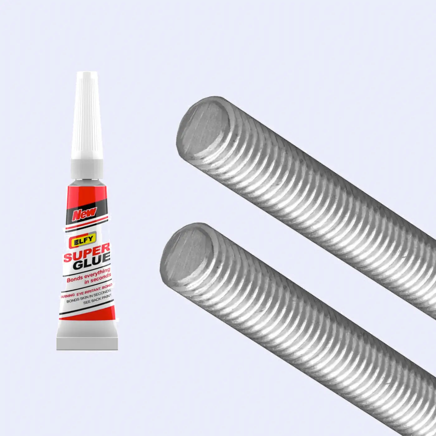 two threaded steel grey rods and one small super glue tubes on a grey background