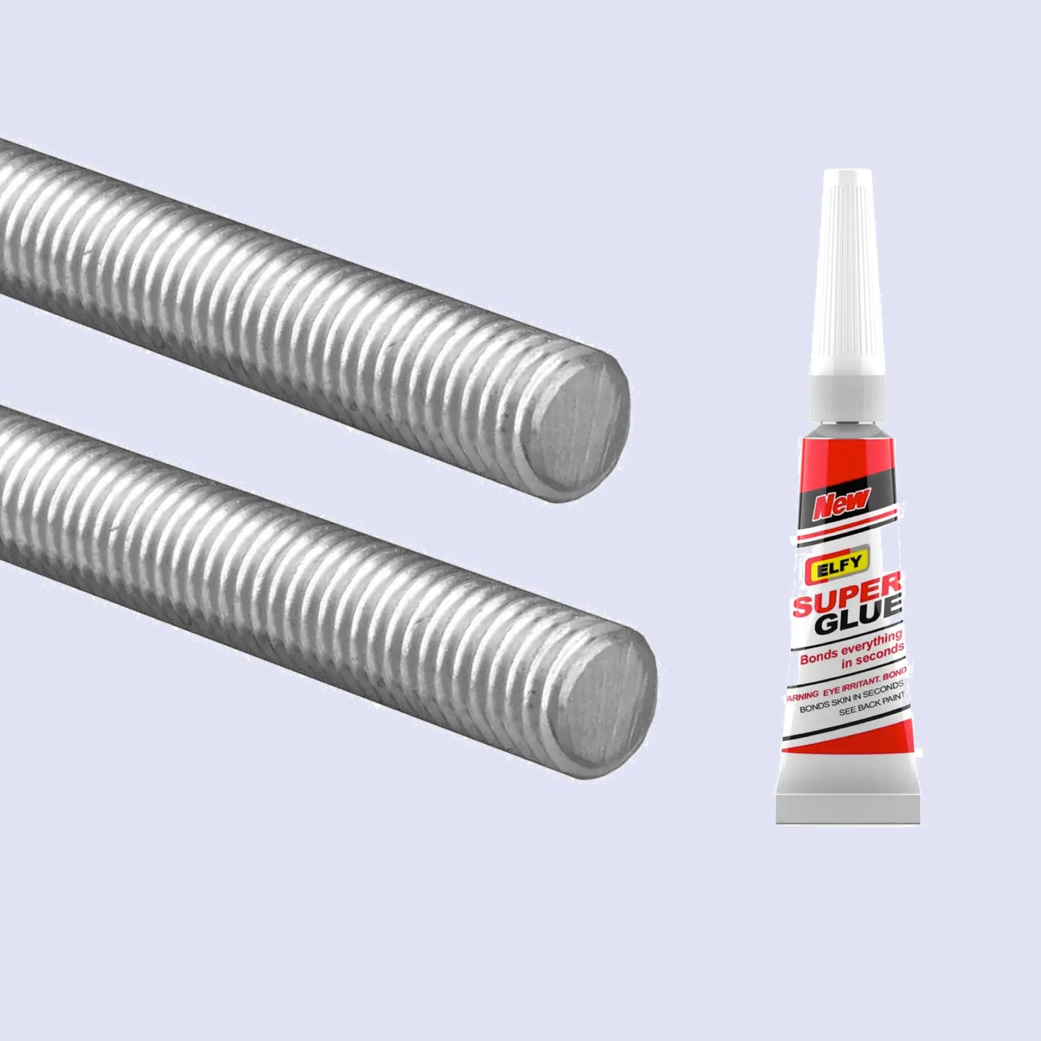 two threaded steel grey rods and one small super glue tubes on a grey background