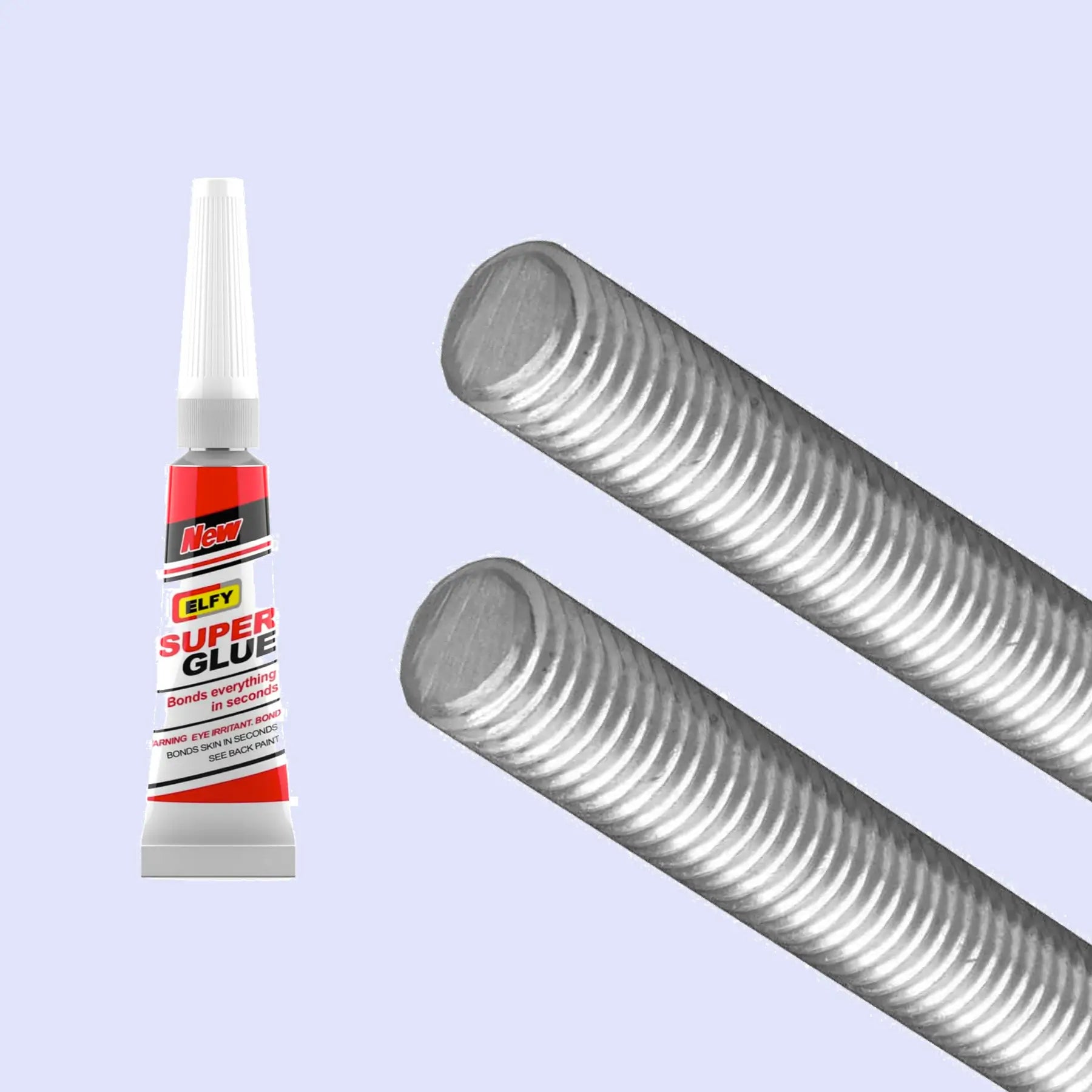 two threaded steel grey rods and one small super glue tubes on a grey background