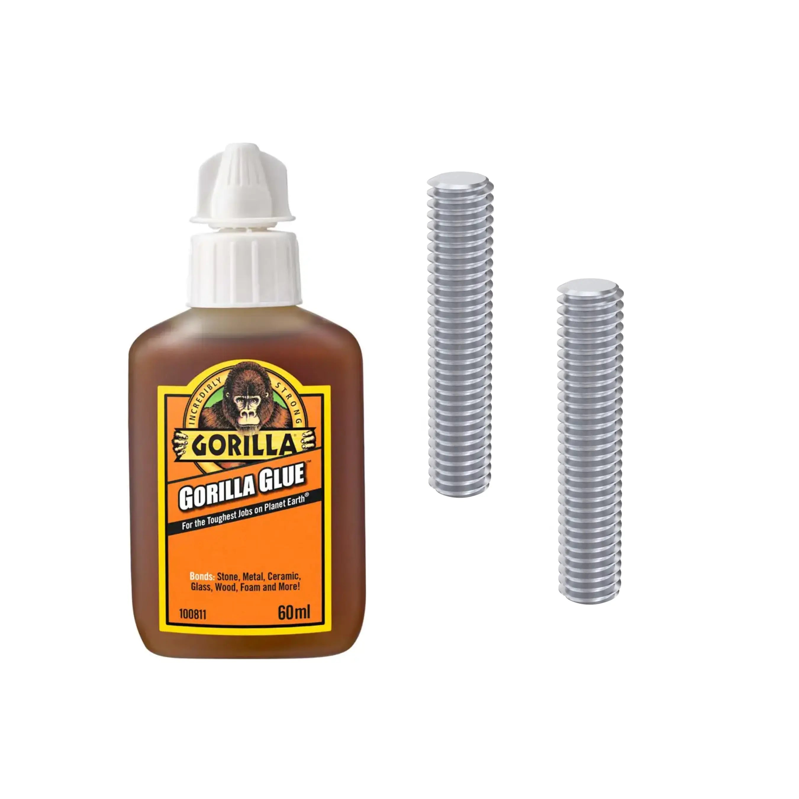 two threaded steel grey rods and one small super glue tubes on a grey background