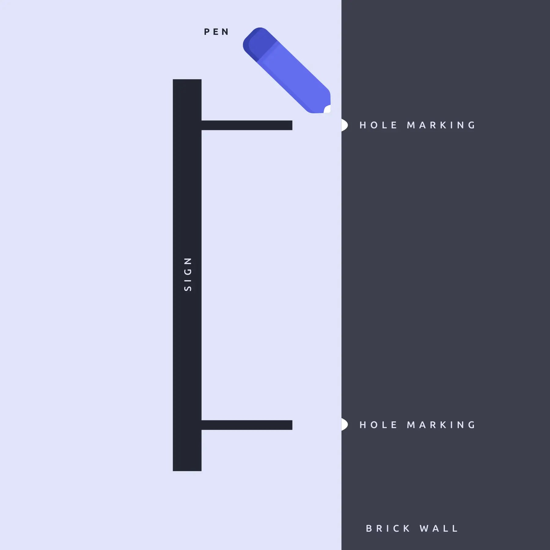 A visual guide for hidden fixings installation: showing a hand placing a clip onto the back of a panel, then securing the panel onto a wall mount, ensuring it is properly aligned and flush with the wall.