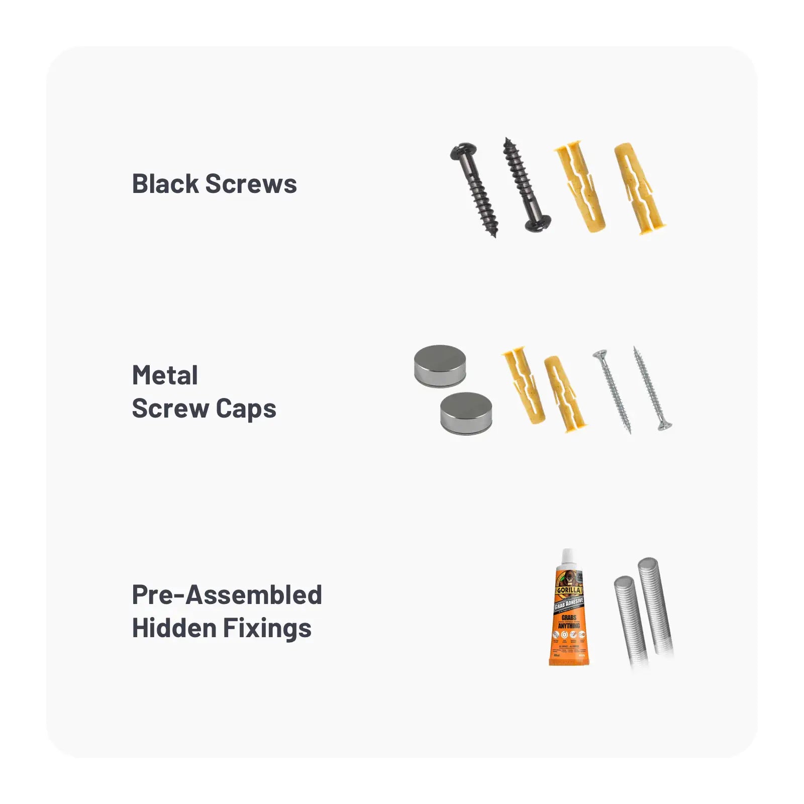 Collection of screws, screw caps, and a tube of adhesive on a white background