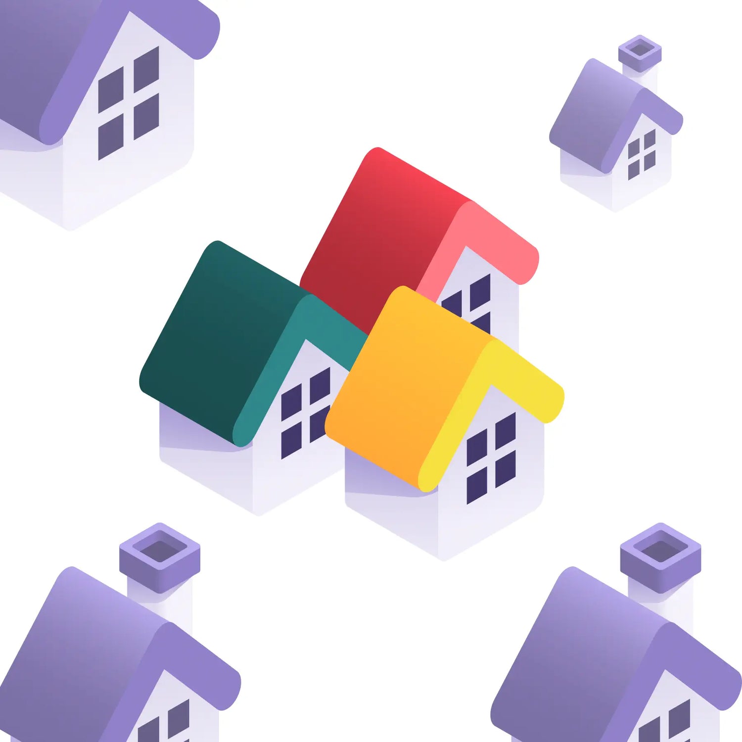 A white image with 7 house icons. All the houses have white wall and black windows. 4 houses have purple roofs, 1 has a yellow roof, 1 has a red roof and 1 has a dark green roof