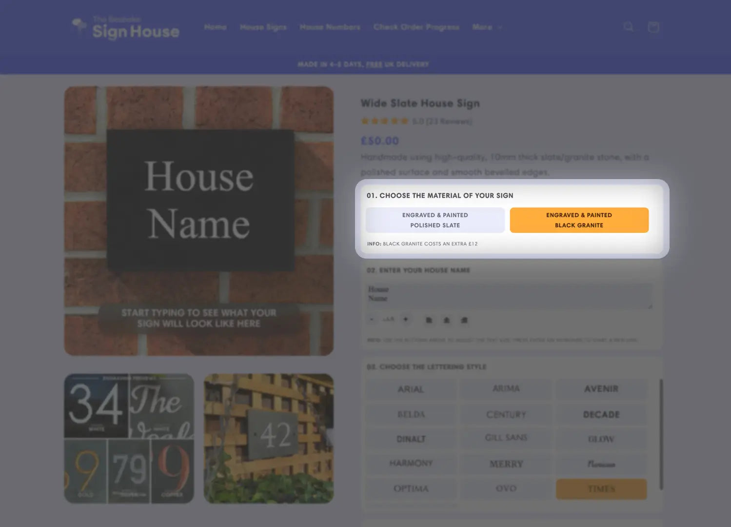 An instructional image depicting the first step in designing a house sign online. The image shows a computer screen with a design interface, where users can start customizing their house sign by entering text, selecting font styles, and choosing layout options. Key elements of the interface are highlighted to guide the user through the initial steps of the design process.